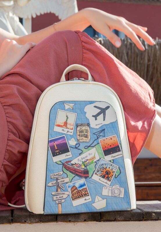 Women Vegan Leather Cream Backpack Dare to Explore Design DOGO