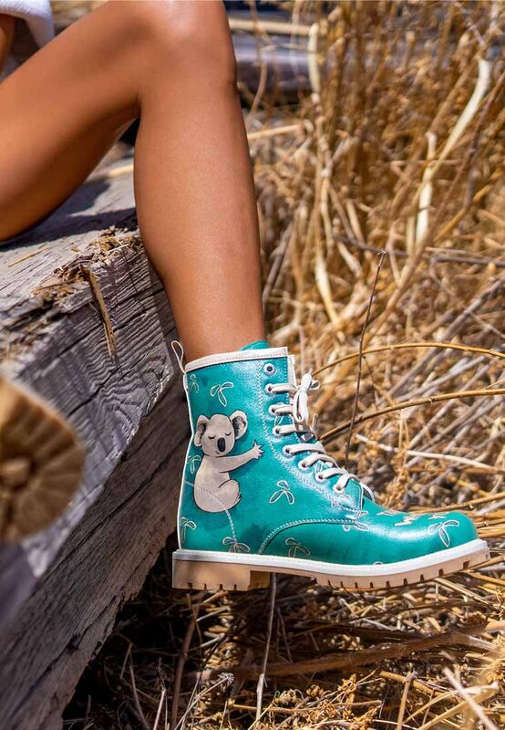 Women Vegan Leather Green Long Boots Koala Hug Design DOGO Store