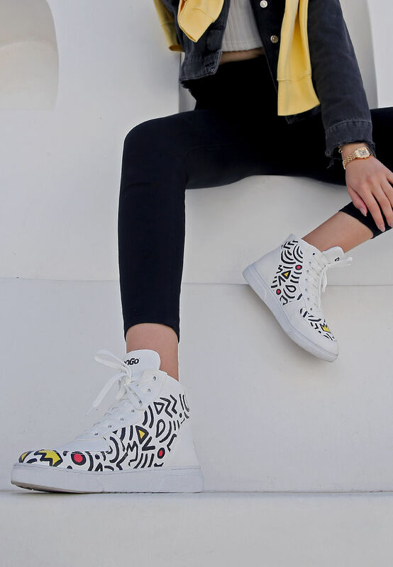 Women Vegan Leather White High Top Sneakers Abstract Outline