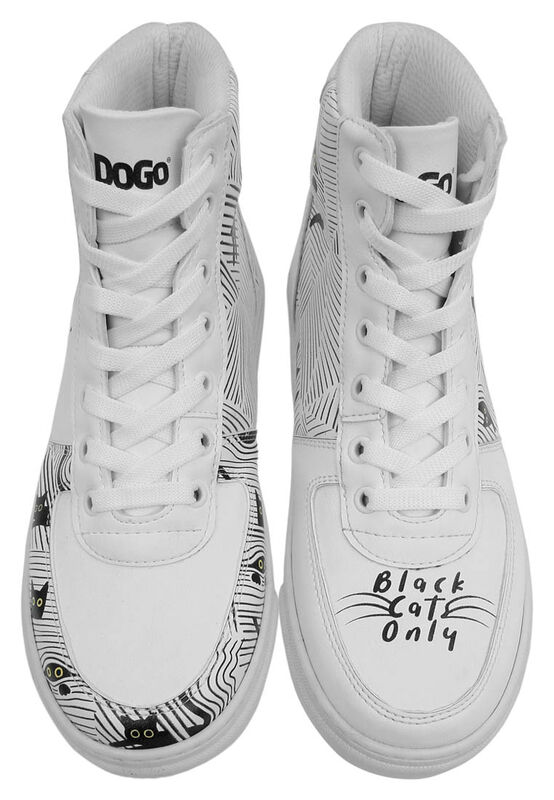 Women Vegan Leather White High Top Sneakers Black Cats Only Design