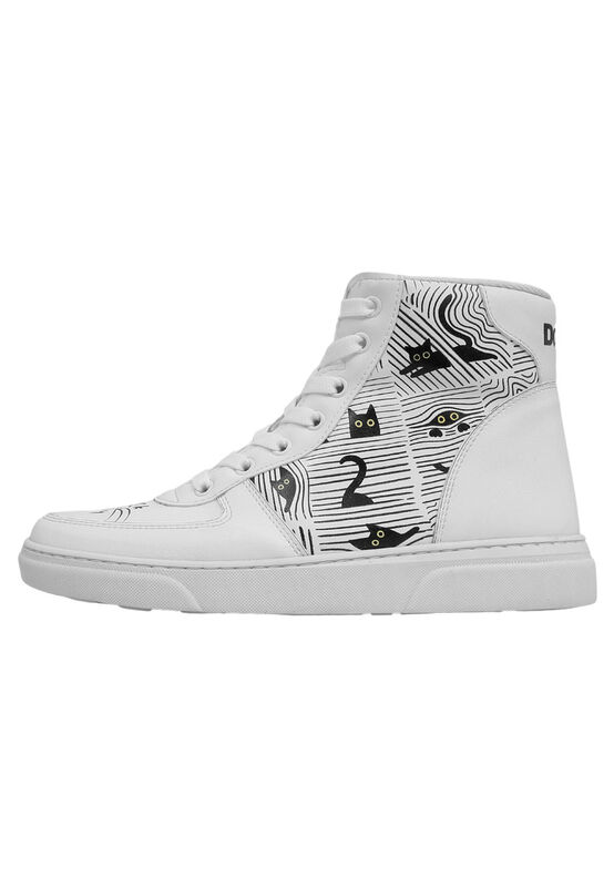 Women Vegan Leather White High Top Sneakers Black Cats Only Design
