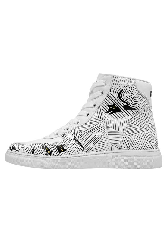 Women Vegan Leather White High Top Sneakers Black Cats Only Design